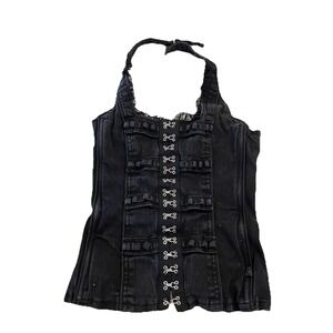 Tripp NYC Y2K Buckle Halter Denim Corset Goth Emo Black Clasps Lace trim S